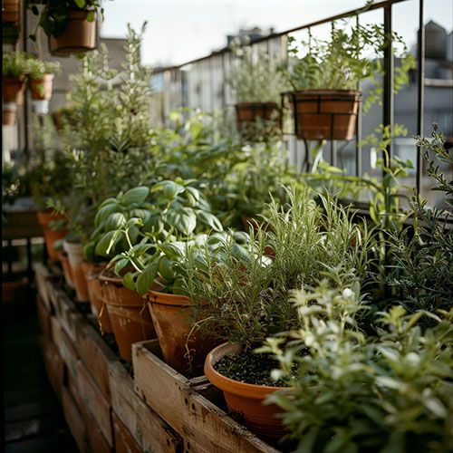 Plantes aromatiques fraîches poussant dans des pots colorés sur un balcon ensoleillé en été
